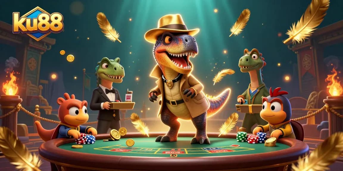 ku88 card counter velociraptor sneaks chips at a blackjack table, creating a thrilling casino scene.