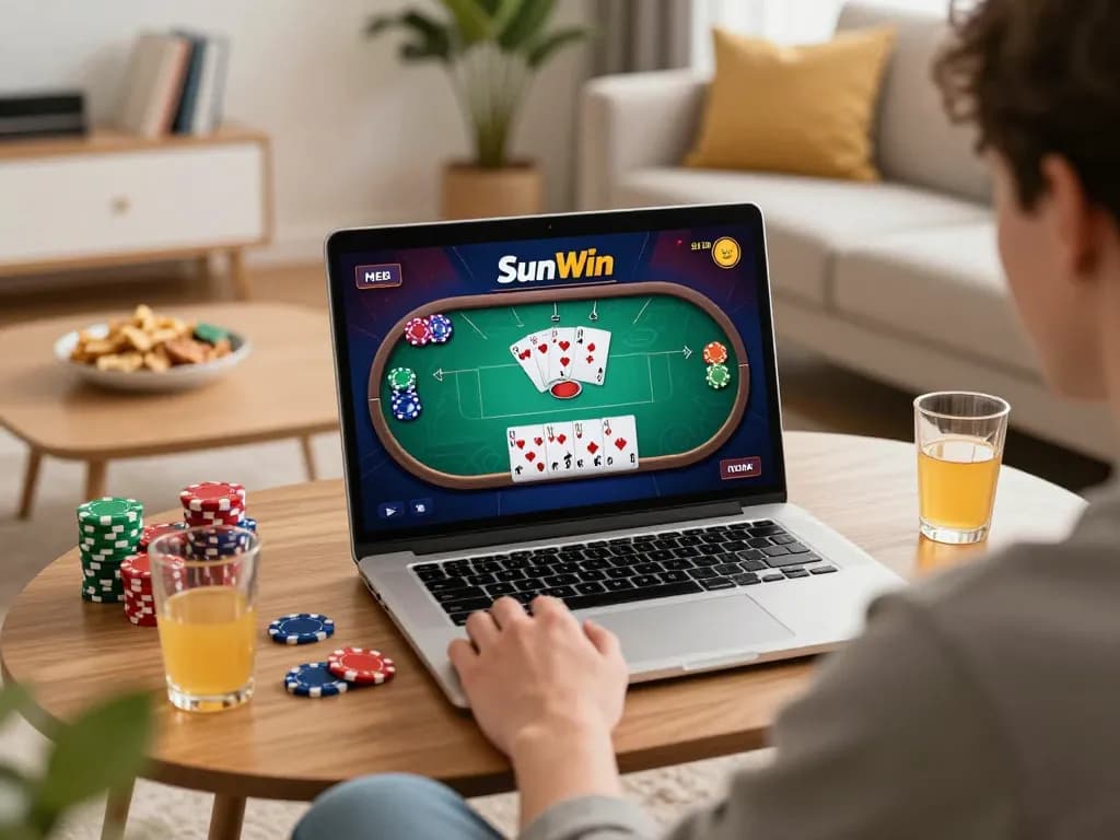 Sunwin player enjoying online poker in a cozy living room, emphasizing responsible gaming
