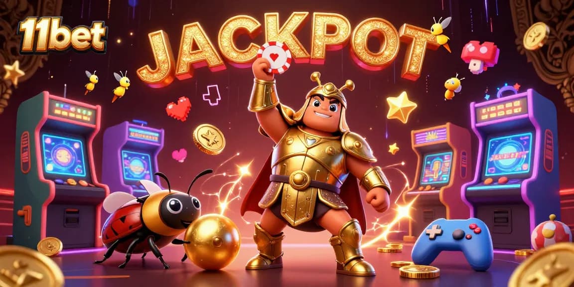 Engage with 11bet's thrilling victory scene, featuring a gladiator beetle lifting a poker chip amidst neon casino elements.