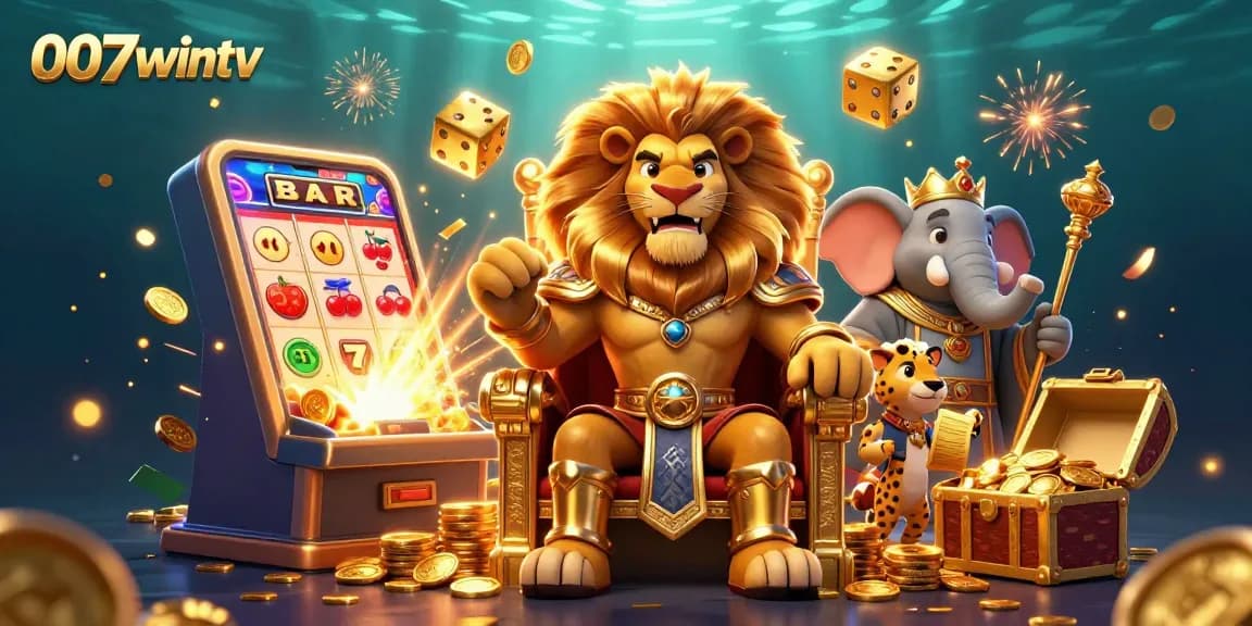 Win big with 007wintv featuring a fantasy scene of a lion king, elephant advisor, and cheetah messenger.