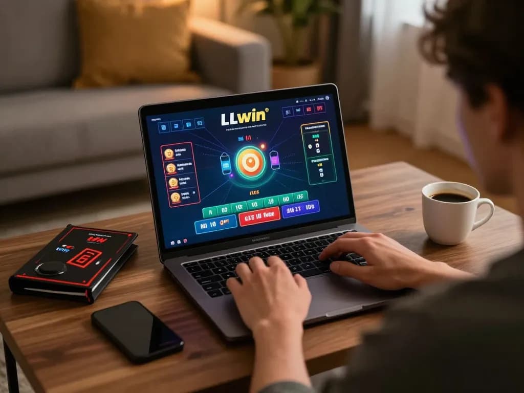 Engaged player exploring LLwin’s online casino features on a laptop in a cozy setting.