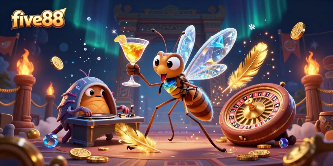 Win big at five88 with a vibrant casino scene showcasing thrilling gambling elements and adventurous characters.