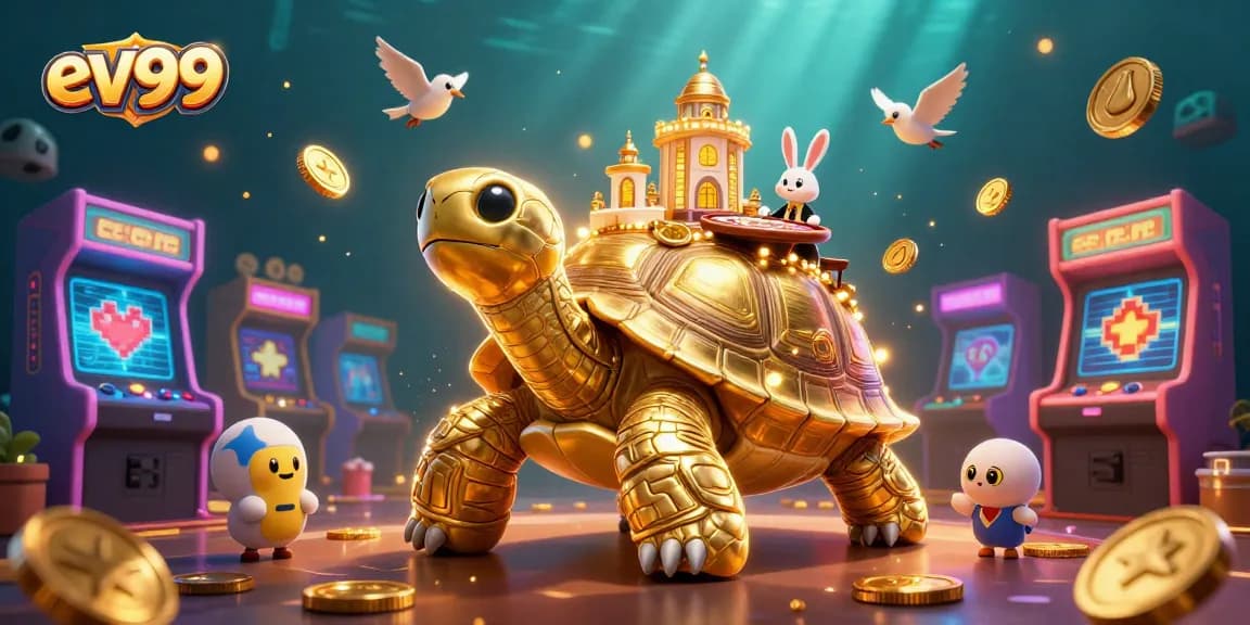 Experience the thrill of ev99 with a vivid 3D casino scene featuring a golden tortoise and a rabbit dealer.