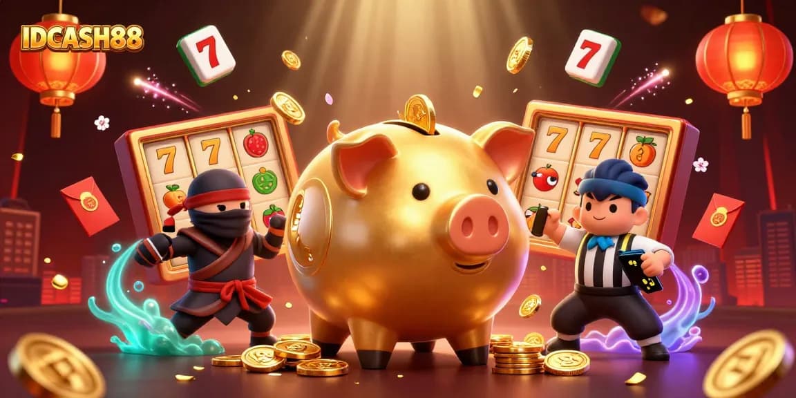 Experience excitement with IDCASH88 featuring a dynamic scene of a golden piggy bank sumo wrestler amidst slot reels and fireworks.