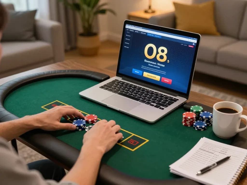 O8 online casino gameplay in a stylish living room with a poker game interface and colorful chips