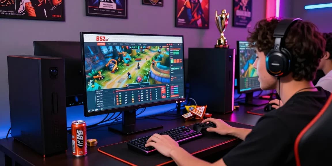 Player engaging in B52 gaming experience on a vibrant desktop setup with LED lights and game graphics