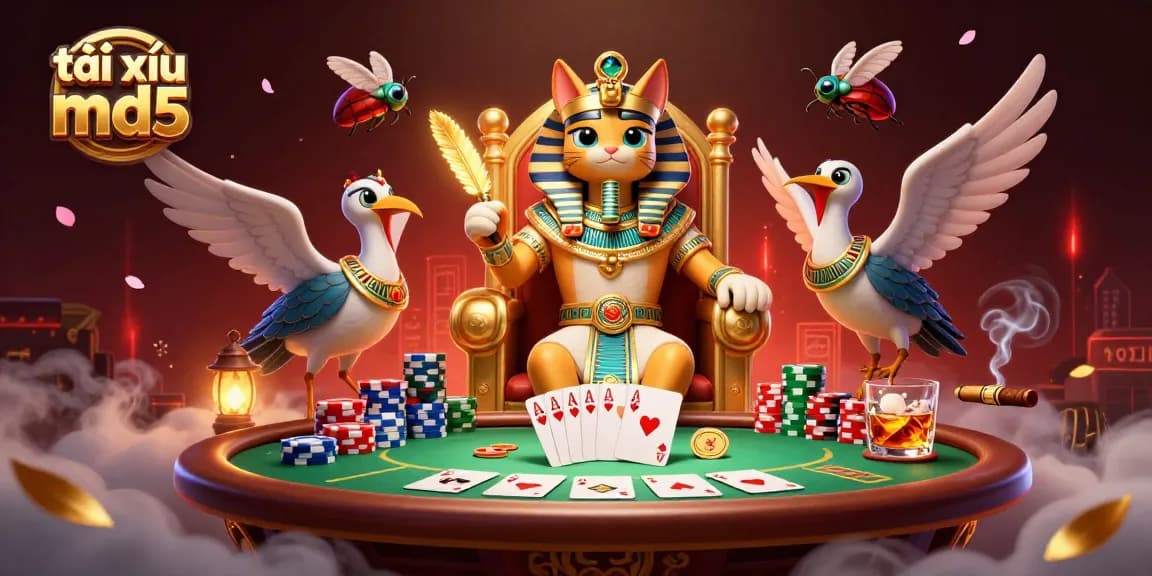 Experience the excitement of tài xỉu md5 with a dynamic casino scene featuring vibrant poker elements.