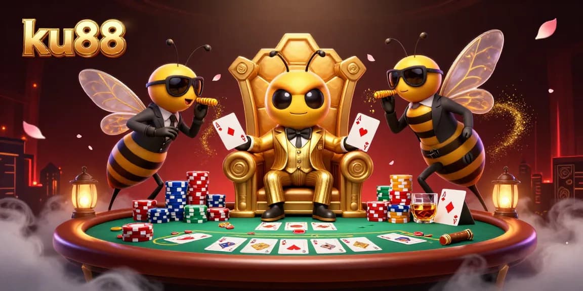 Engage with the vibrant scene of ku88 showcasing a cartoon bumblebee mob boss orchestrating a poker game.
