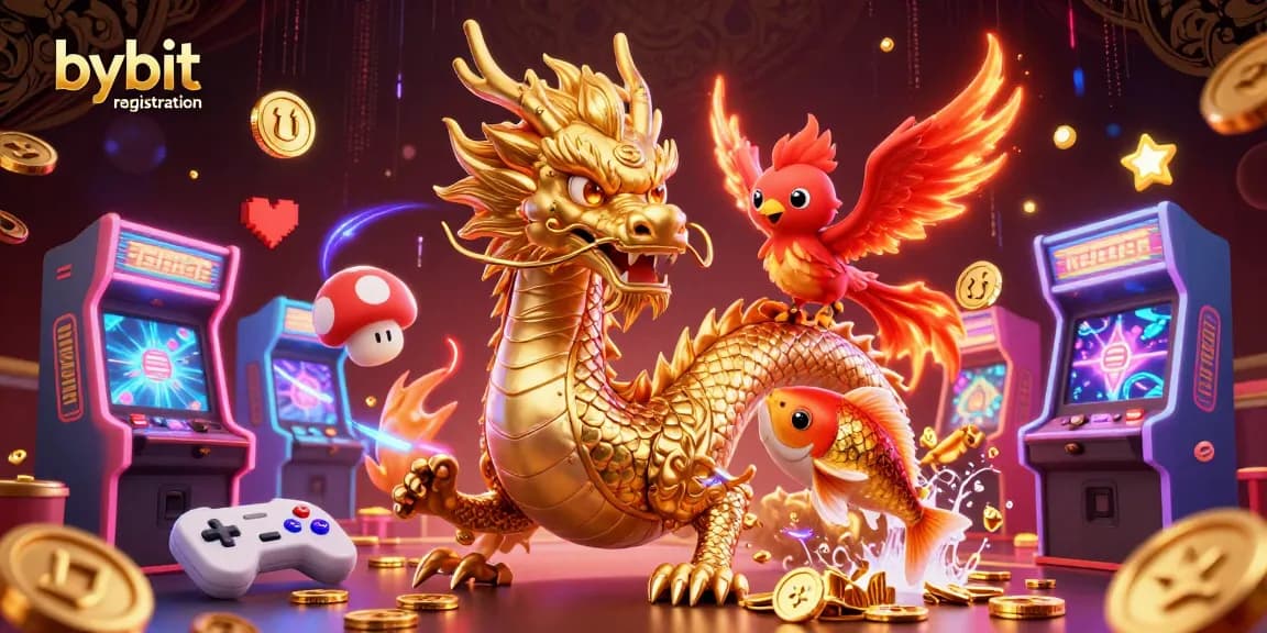 Engage in bybit registration with dynamic casino-themed illustration featuring a fierce dragon and playful phoenix.