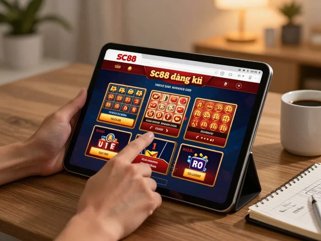 Engaging with SC88 đăng ký options on a tablet, showcasing online gambling excitement in a cozy home setting.
