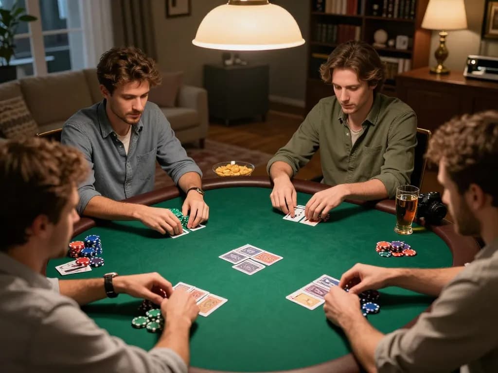MM88 players strategizing and enjoying poker at home, creating a vibrant and engaging atmosphere.