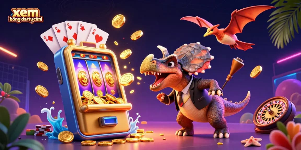 xem bóng đá trực tuyến with dynamic casino vibes, showcasing a colorful scene of fun characters and exciting gaming elements