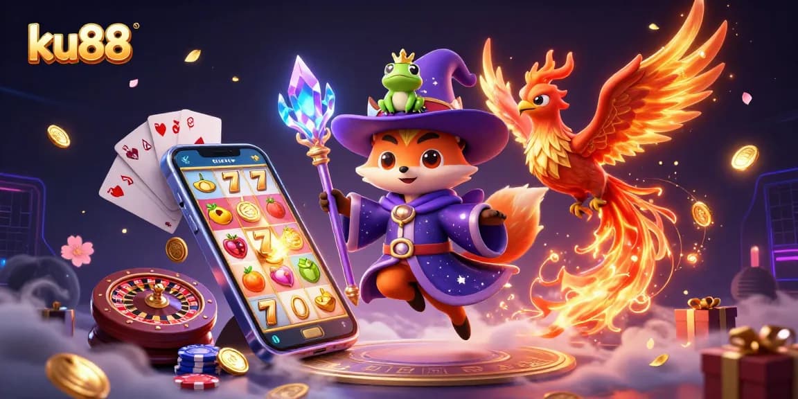 Engage with ku88's vibrant casino world featuring a wizard, phoenix, and engrossing slot games.