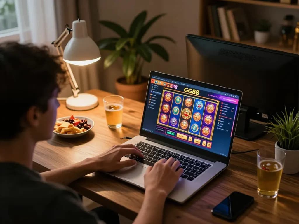 Player enjoying online gaming on GG88 platform, highlighting engaged interaction with colorful slot interface.