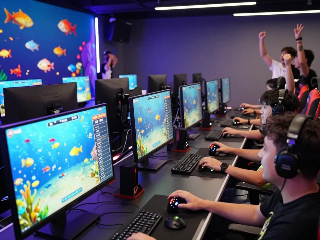 Exciting players enjoying the BetVisa fish shooting game in a vibrant, animated gaming environment.