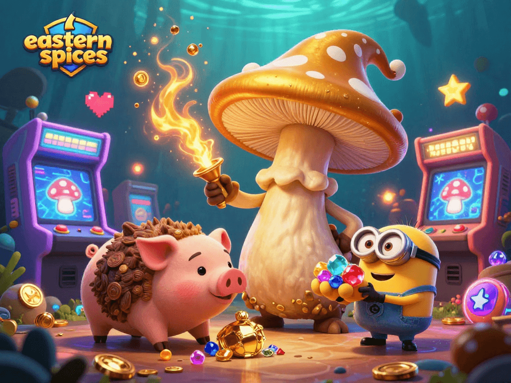 Experience easternspices with enchanted golden mushrooms and vibrant gemstones in this dazzling casino scene.