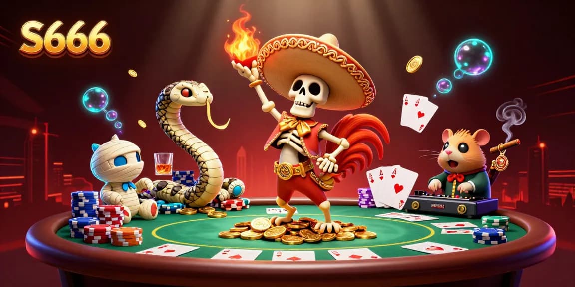 S666 casino scene with a dancing skeleton, mummy snake, and a DJ hamster amidst poker elements