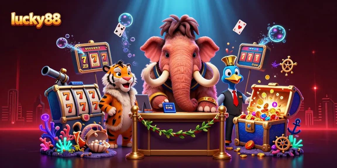 Experience the excitement of lucky88 with a vibrant casino scene filled with animated characters and jackpot symbols.