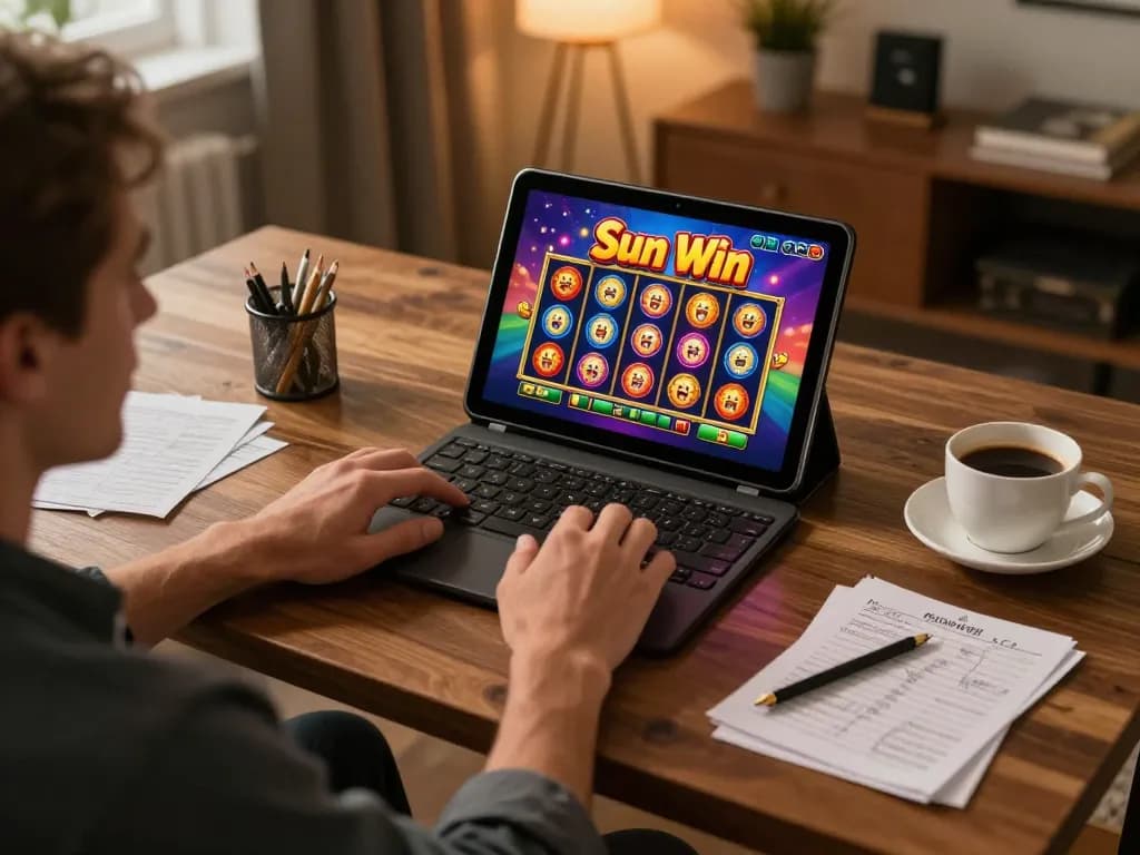 Play Sun Win on a vibrant tablet, user excited at home during online gaming.