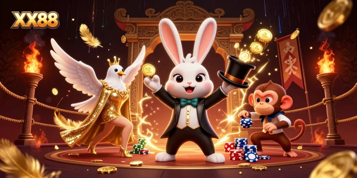 Engage in thrilling gameplay at XX88 with a vibrant scene featuring a magician rabbit and casino elements.