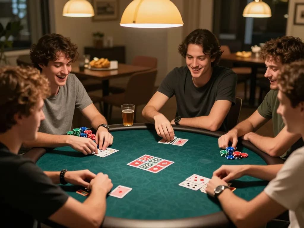 Players enjoying a poker night at home, showcasing qh88go spirit of friendly competition and strategy.