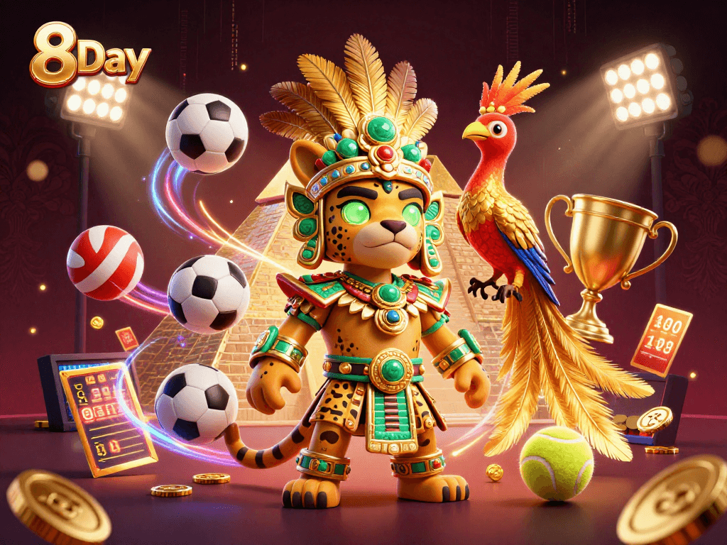 Engage in thrilling sports betting with 8Day's vibrant casino scene featuring dynamic elements and colorful characters.