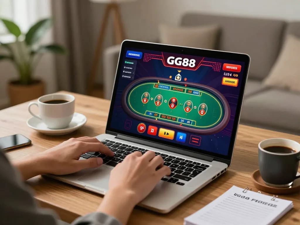 Engaging with GG88 live casino games on a laptop while managing bets in a cozy home environment