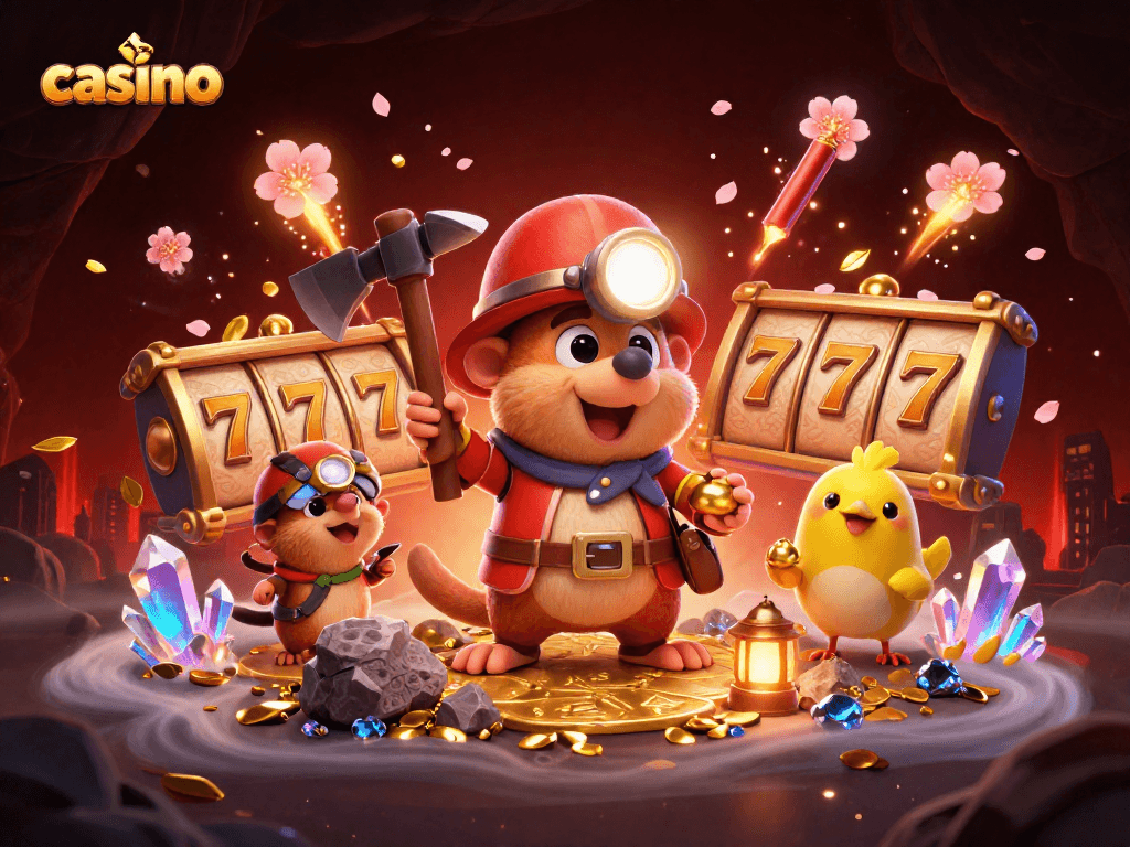Hit the jackpot at this casino scene with a treasure hunter mole and golden gems.
