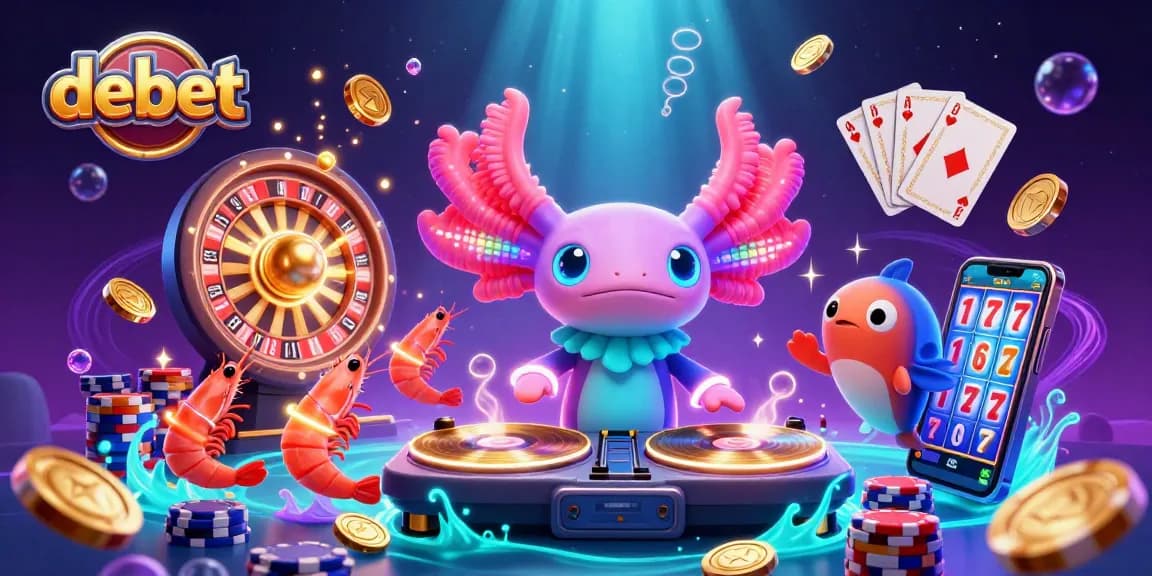 Engage with debet through lively casino vibes with 3D axolotl DJ and vibrant underwater scenes.