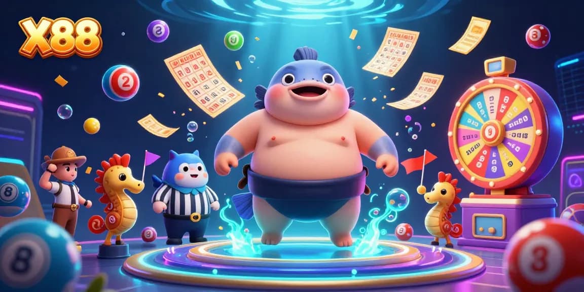 Experience X88's exciting underwater casino action with a vibrant scene of a sumo fugu and catfish referee.