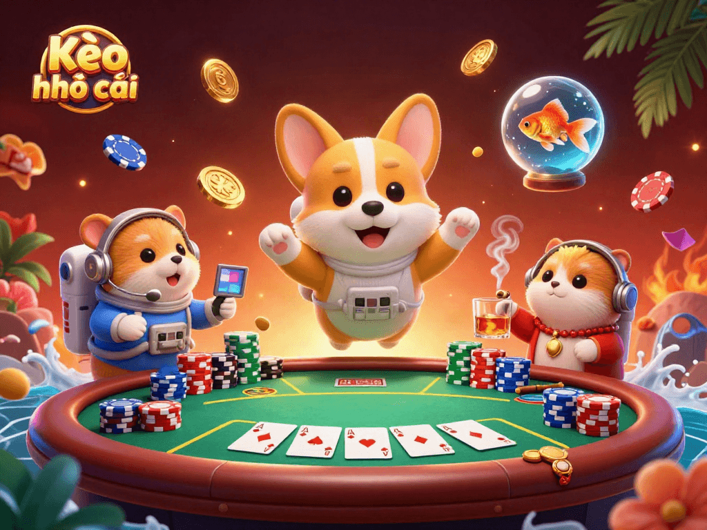 Kèo nhà cái enhances the gaming experience in a vibrant space casino scene with a playful corgi and colorful poker elements.