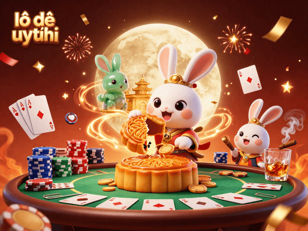 Experience the thrill of lô đề uy tín with a whimsical illustration of characters celebrating at a casino-themed moon backdrop.