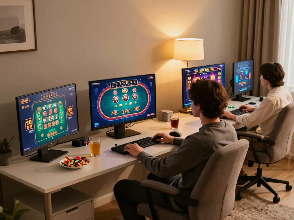 Engaged player enjoying games at nhà cái LV88 with multiple screens in a cozy home office setting