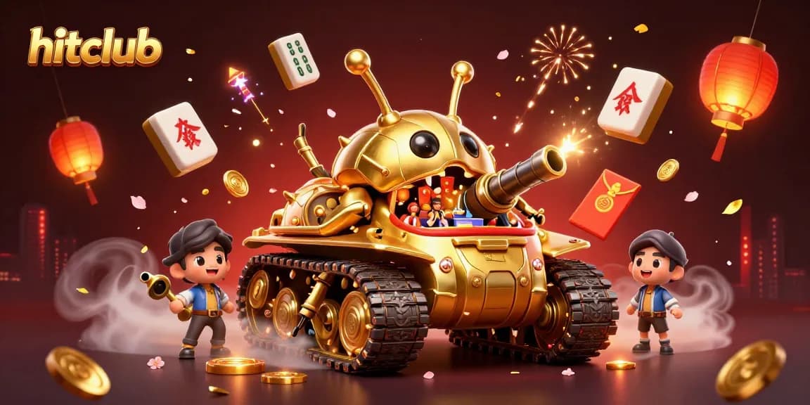 Experience the excitement of hitclub with this vibrant 3D casino illustration showcasing a gold beetle tank and festive game elements.