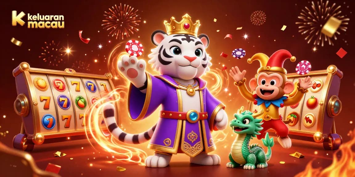 Watch as the vibrant keluaran macau unfolds through a thrilling scene filled with animated slot reels and playful characters.