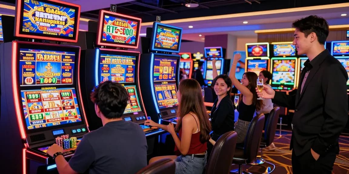 Exciting scene of Slot Gacor Hari Ini Kartupoker with players celebrating wins at colorful slot machines in a vibrant online casino.