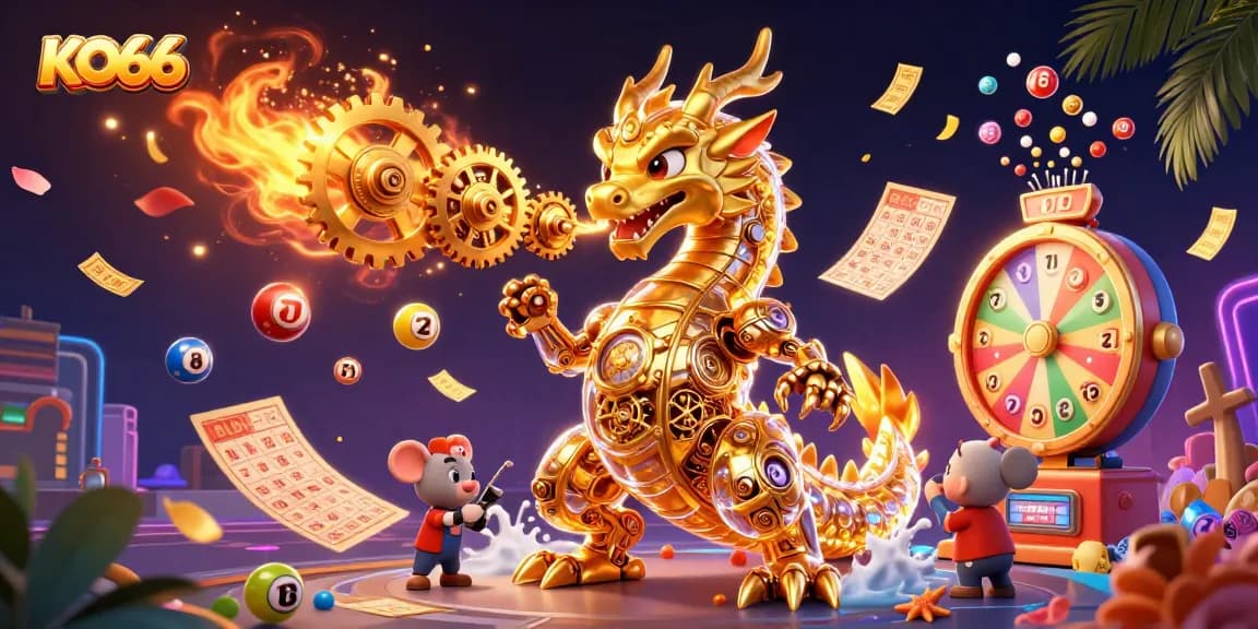 Experience exciting games at KO66 as the dragon breathes golden gears amidst vibrant gambling elements.
