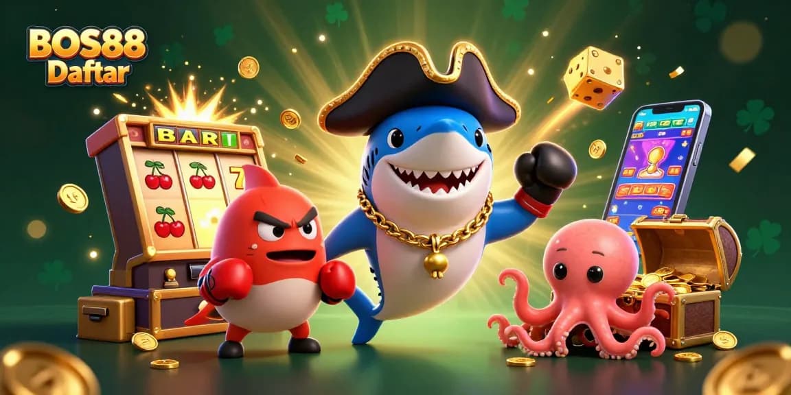 Permainan slot menarik di BOS88 Daftar dengan hiu kartun ceria dan teman-teman lautnya.