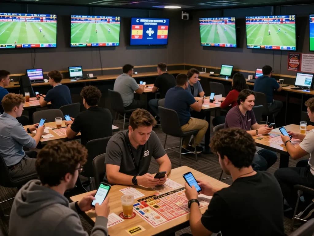 Tỷ lệ kèo nhà cái 5 showcased in a vibrant sports betting lounge with fans engaging on smartphones.