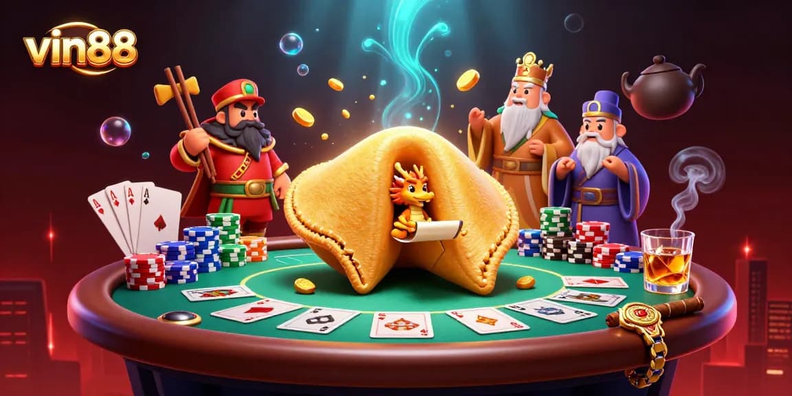 Experience vin88 gaming with a vibrant scene of a fortune cookie and poker elements.
