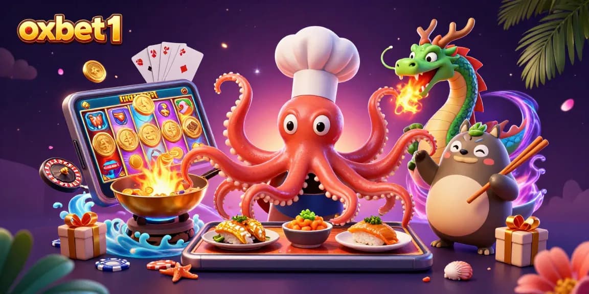Experience fun at oxbet1 with a vibrant casino scene featuring a sushi chef octopus, dragon, and gambling elements.