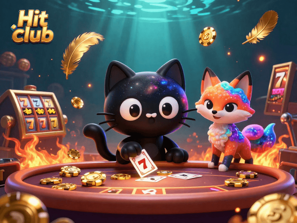 Exciting Hit club scene with a black hole cat and nebula fox amidst slot elements and golden tokens.