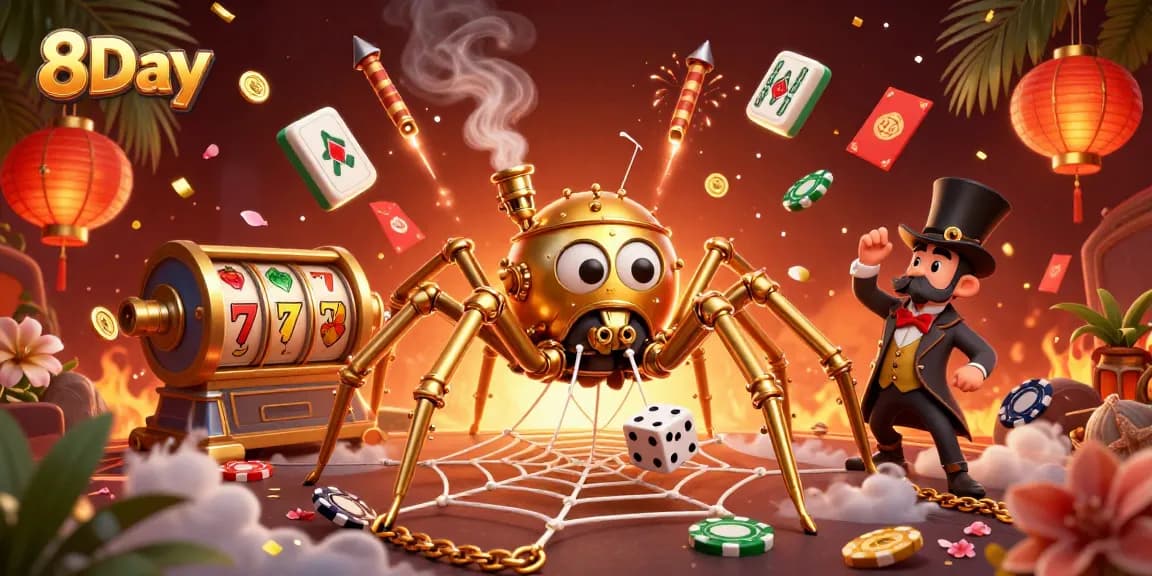Engage with 8Day casino fun featuring a golden spider and Victorian fly amidst dynamic gaming elements.