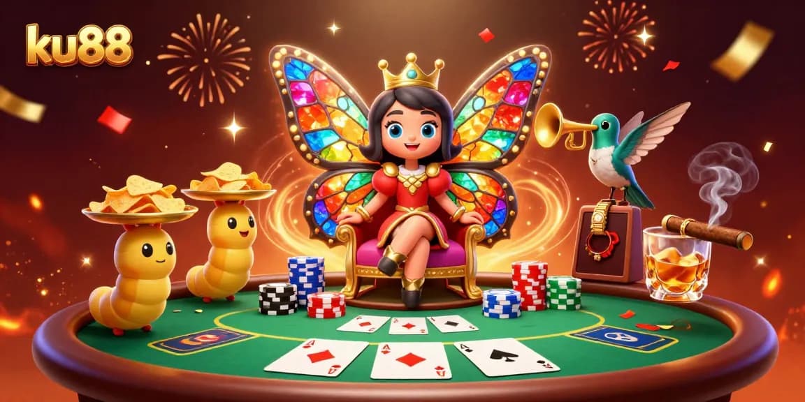 Engage with ku88's vibrant casino atmosphere featuring a butterfly queen and poker elements.