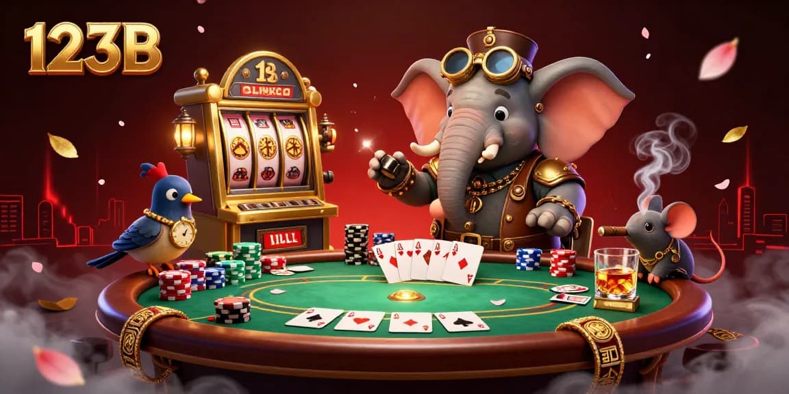 Experience thrilling action at 123B's steampunk casino with vibrant poker games in the scene.