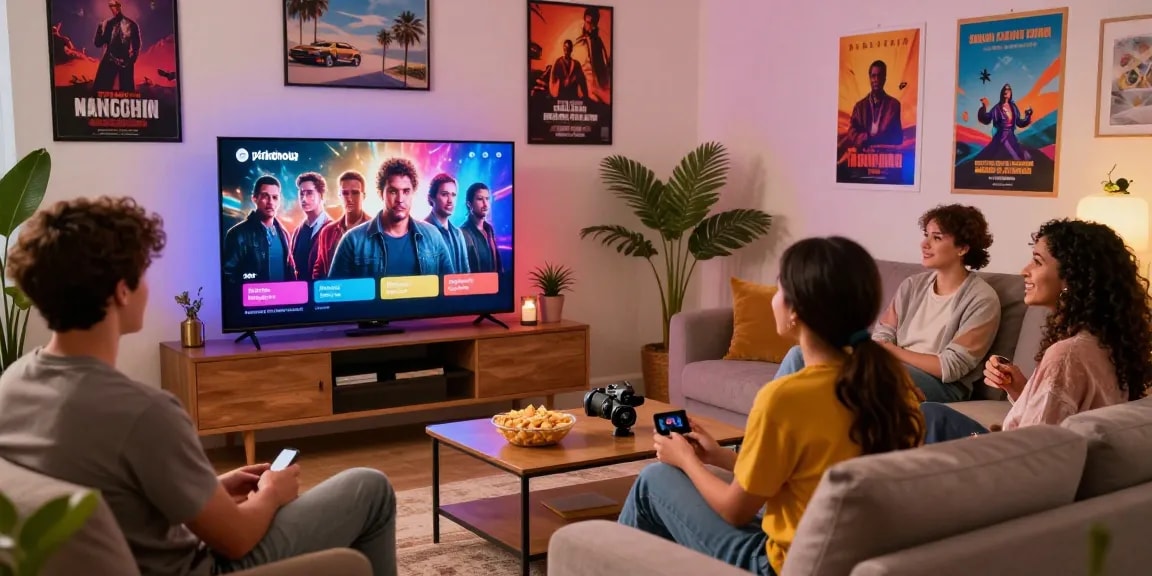 Pikashow APK streaming on a smart TV in a cozy living room with friends enjoying movies and snacks.
