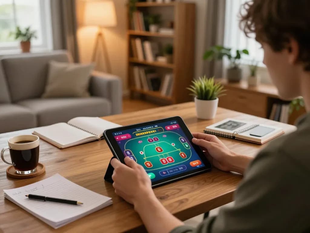 Player enjoying online casino gaming with 58wiin on tablet in a cozy home environment