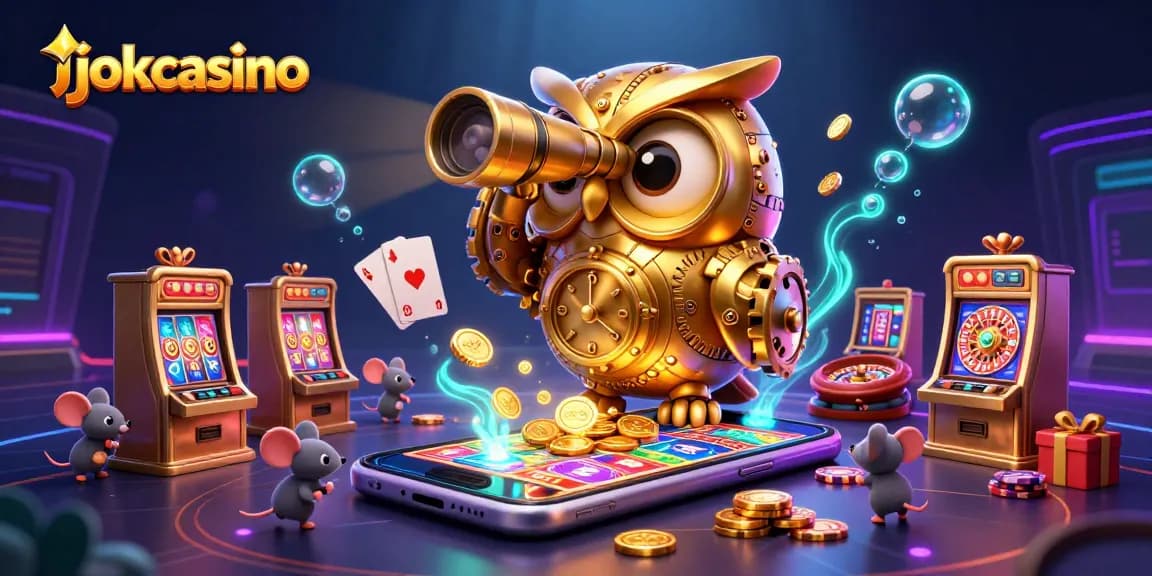 Experience the thrill at jokacasino with a vibrant 3D illustration of an owl and casino elements.