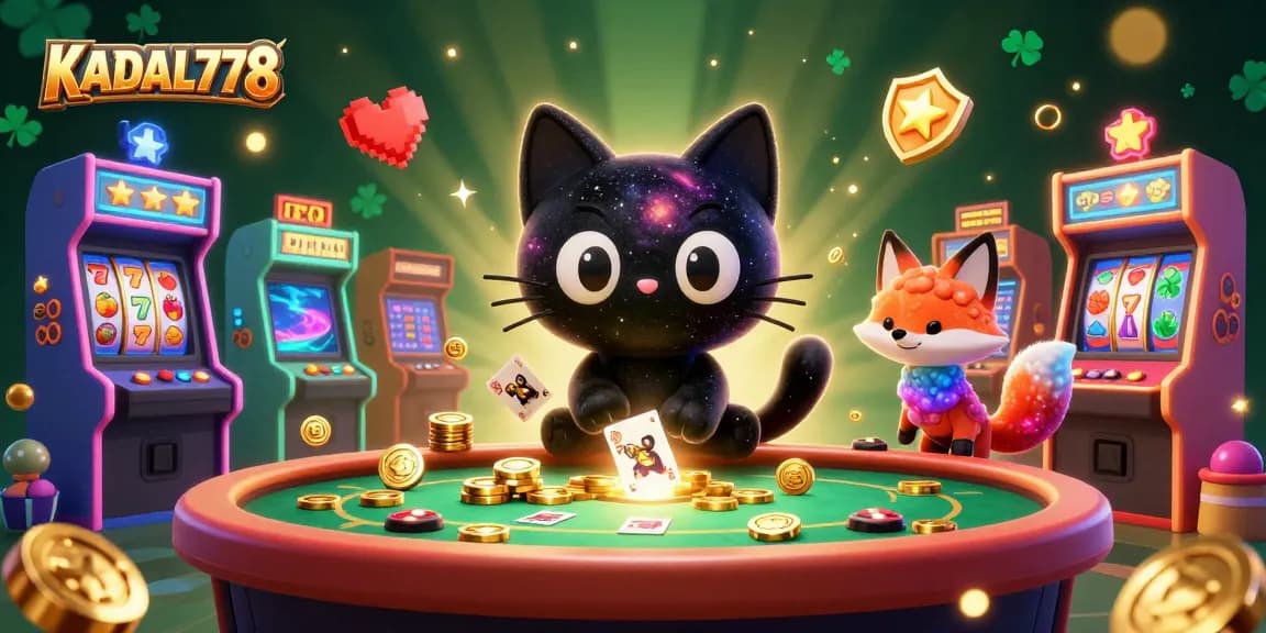 KADAL778 showcases a captivating 3D cosmic casino scene featuring a playful black hole cat and colorful game elements.