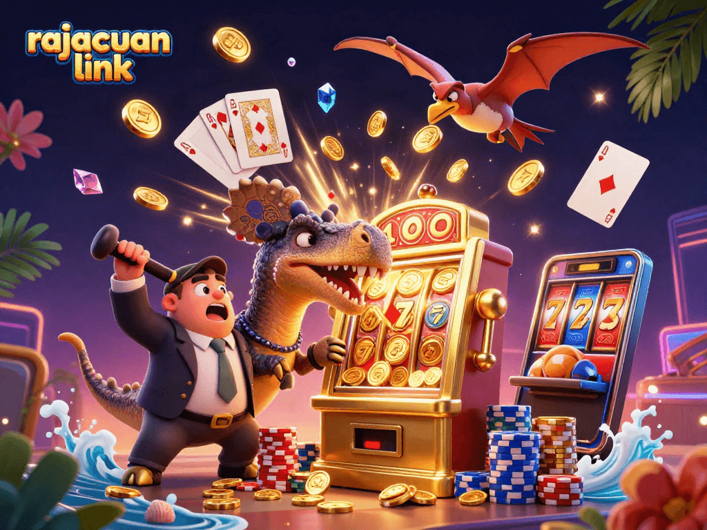 Engaging rajacuan link scene with cartoon dinosaurs at a casino, winning jackpot coins.